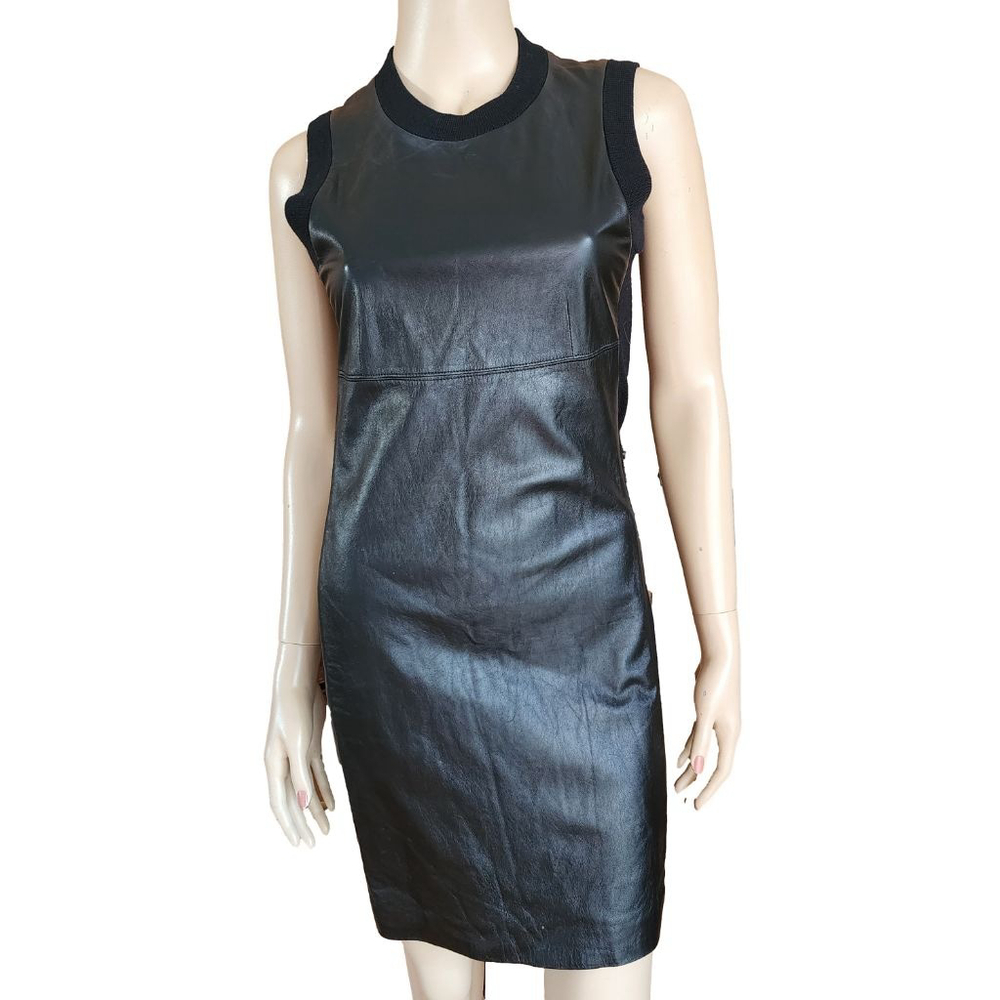 WITCHERY Black Lamb Leather Wool Blend Sleeveless Sheath Dress Size S